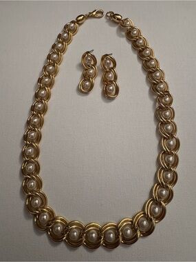 Vintage Gold Faux Pearl Statement Necklace & Drop Earring Set Runway Glam 80s